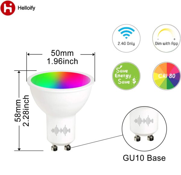 Helloify GU10 Smart WiFi LED Bulbs (2-Pack) - RGBCW Dimmable, No Hub Needed, Works with Alexa & Google Home - Image 4