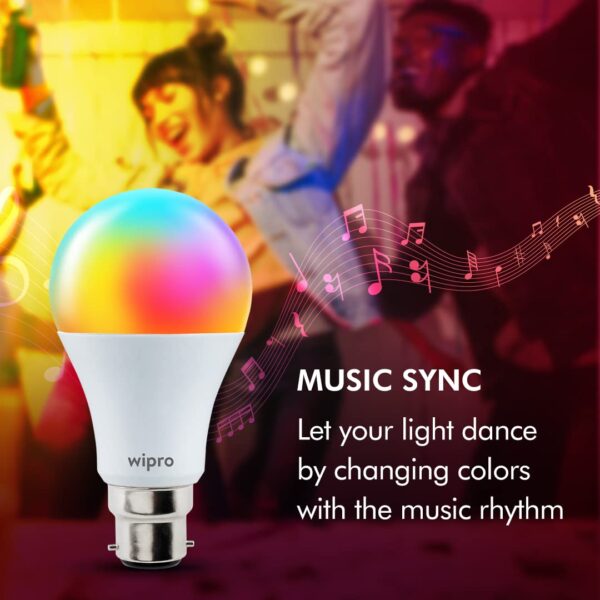 Wipro 9-Watt Smart LED Bulb B22 with Music Sync - Alexa & Google Assistant Compatible - Image 6