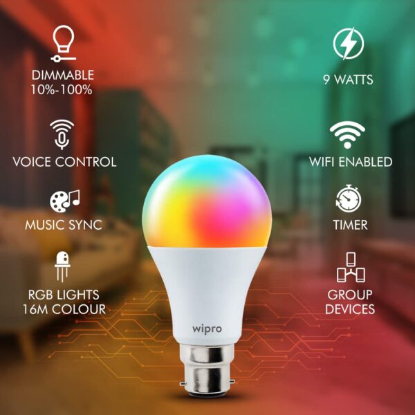 Wipro 9-Watt Smart LED Bulb B22 with Music Sync - Alexa & Google Assistant Compatible - Image 4