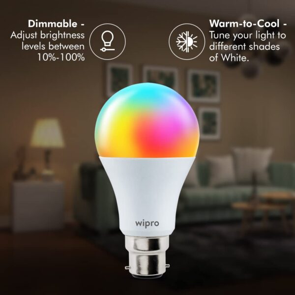 Wipro 9-Watt Smart LED Bulb B22 with Music Sync - Alexa & Google Assistant Compatible - Image 2
